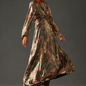 NWT Anthropologie Caballero Deep V-Neck Maxi Dress Brown Motif Floral Small